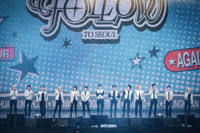 세븐틴은 27일 오후 서울 마포구 서울 월드컵경기장에서 앙코르 투어 ''팔로우' 어게인 투 서울'(SEVENTEEN TOUR 'FOLLOW' AGAIN TO SEOUL) 1일차 공연을 개최했다. 플레디스엔터테인먼트 제공