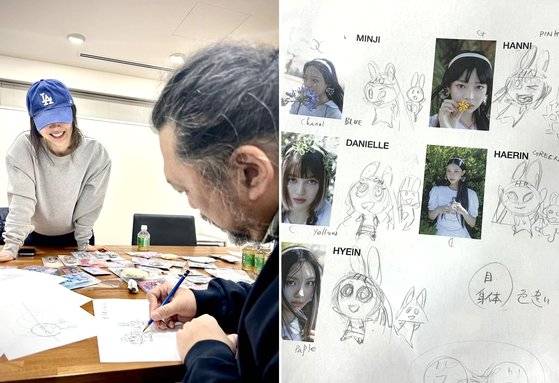 민희진 어도어 대표(왼쪽)가 스케치를 하고 있는 무라카미 다카시를 바라보고 있다. 오른쪽 사진은 무라카미 다카시가 그린 뉴진스 멤버 캐릭터. 사진 인스타그램 캡처