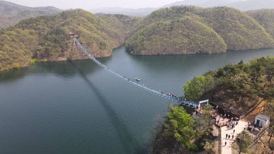 지난달 12일 충북 진천군 농다리 인근에 조성한 '초평호 미르309' 출렁다리. 사진 진천군