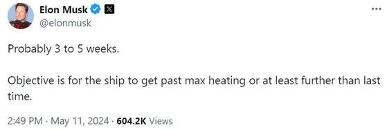 일론 머스크가 스타십 발사 계획을 알린 글. 사진 일론 머스크 X 게시물 캡처