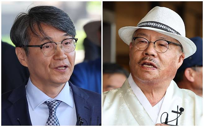 13일 김건희 여사 명품백 수수와 관련해 서울중앙지검으로 조사를 받으러 들어가는 최재영(왼쪽) 목사와 백은종 서울의소리 대표 /뉴스1