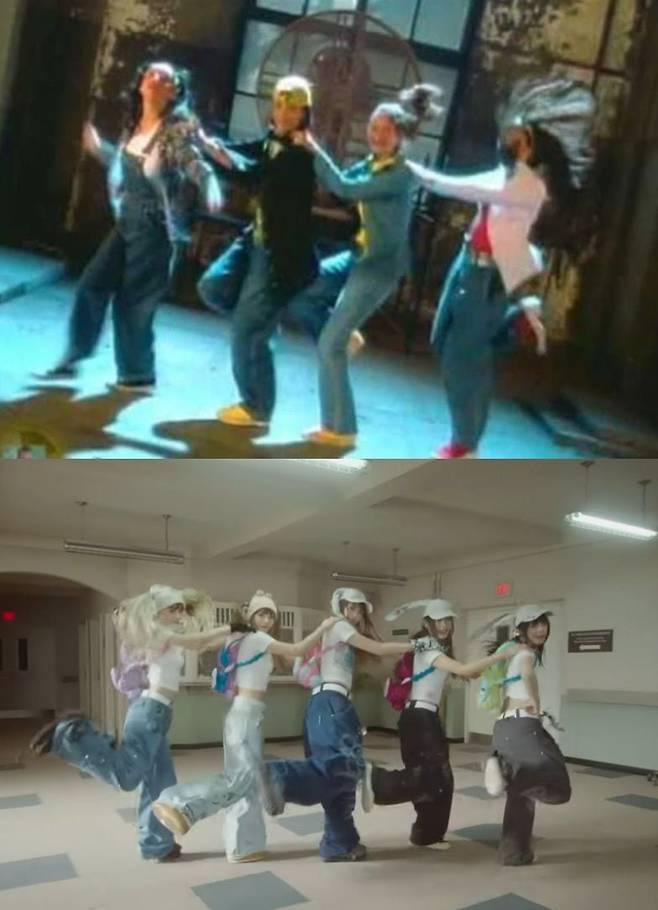 ‘OMG’에서 뉴진스 멤버들이 서로의 어깨에 손을 올리고 기차놀이를 하는 듯한 안무 대형도 과거 진스의 안무와 비교됐다. /온라인 커뮤니티, 유튜브 영상 캡처