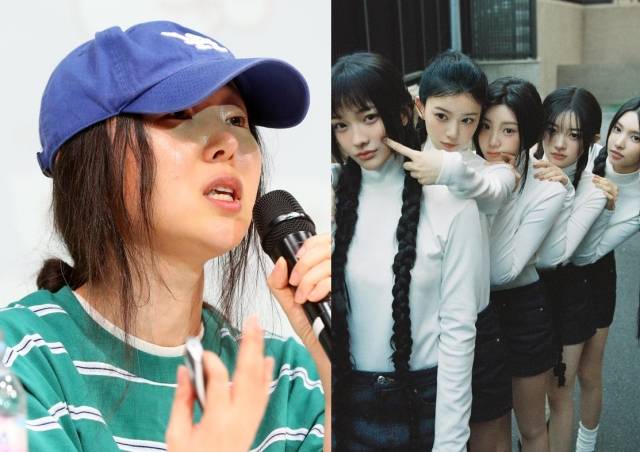 민희진 어도어 대표가 지난달 25일 오후 서울 강남구 한국컨퍼런스센터에서 열린 긴급 기자회견에서 입장을 밝히고 있다. 오른쪽은 걸그룹 '아일릿'. 뉴시스, 아일릿 인스타그램