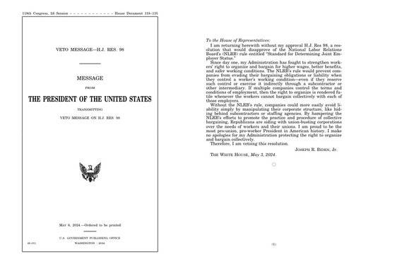 조 바이든 미국 대통령은 재임 중 지금까지 11번의 거부권을 행사했다. 바이든 대통령은 거부권을 행사할 때마다 거부권 행사의 이유를 직접 밝힌 문서를 첨부해 공개하며 입법부에 양해를 구했다. 미국 상원 홈페이지
