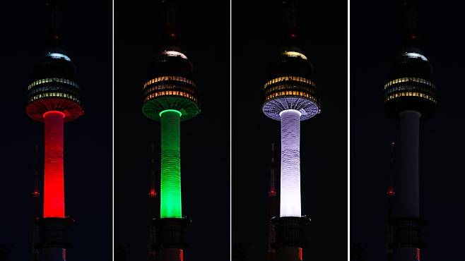 무함마드 빈 자예드 알 나흐얀 아랍에미리트(UAE) 대통령 일행이 지난 28일 청와대 2층에서 만찬을 할 때 켜졌던 남산서울타워 조명. UAE 국기 색으로 조명이 꾸며졌다. 연합뉴스