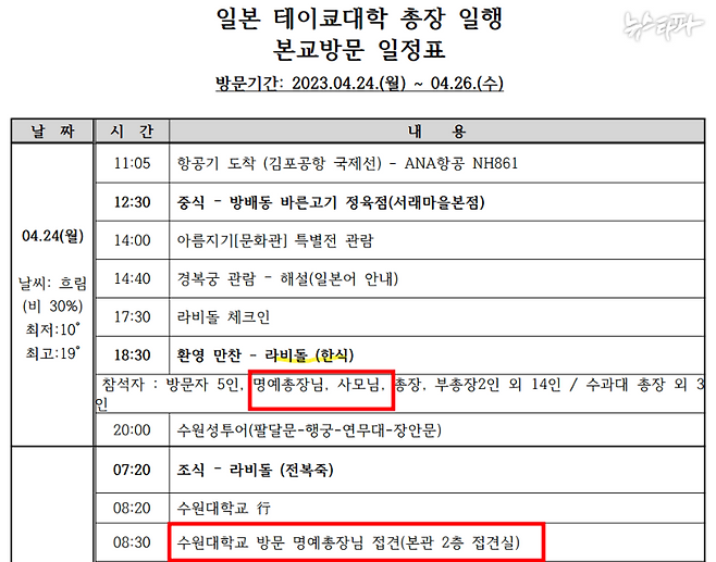 지난 5월 30일 수원대는 이인수 전 총장이 명예총장직을 고사했다고 밝혔지만, 2023년 내부 일정표에는 이미 이인수 전 총장이 ‘명예총장’으로 명시돼 있다