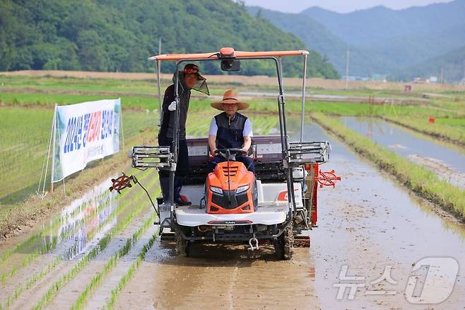14일 해남 현산면 장립종 쌀 모내기 연시회(해남군 제공)/뉴스1