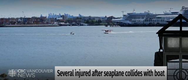 8일(현지시각) 캐나다 벤쿠버 콜 하버에서 이륙하던 수상비행기와 보트의 충돌 직전 모습. CBC 보도 화면 캡처