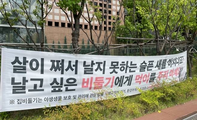 서울시 용산구가 설치한 비둘기 먹이주기 금지 홍보 문안