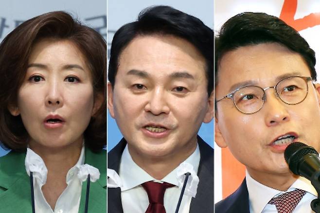 왼쪽부터 나경원 의원, 원희룡 전 국토부장관, 윤상현 의원. 연합뉴스