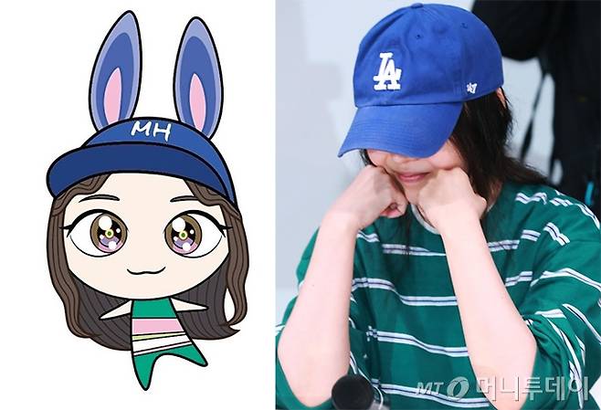 일본 작가 무라카미 다카시가 그린 민희진 어도어 대표 캐릭터. 그룹 뉴진스 팬클럽 '버니즈'를 표현한 듯한 토끼 귀와 함께 그의 기자회견 룩을 재현한 모습이 눈길을 끈다. 오른쪽 사진이 지난 4월25일 민 대표의 긴급 기자회견 당시 모습. /사진=민희진 인스타그램, 이동훈 기자