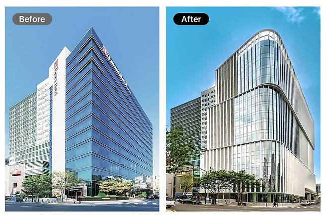 서울 중구 충무로 티마크호텔 명동(왼쪽)을 리모델링한 이지스자산운용의 ’충무로15빌딩'. /이지스자산운용 제공