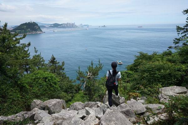 태종산 북쪽 산비탈을 따라 철책이 쳐져 있다. 철책 가운데 열린 문을 나가면 너덜에 태종산 둘레길에서 가장 핫한 조망이 열린다. 취재팀 앞으로 오륙도에서 시계 반대 방향으로 해운대 달맞이고개, 오륙도 해맞이공원, 장산봉, 장산, 조도, 해양대학교 등이 펼쳐진다.