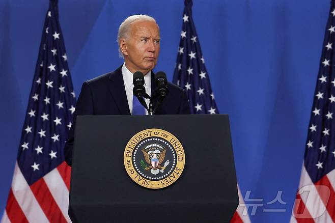 11일(현지시간) 조 바이든 미국 대통령이 미국 워싱턴에서 열린 나토 창설 75주년 정상회담 이후 단독 기자회견에 참석하고 있다. 2024.07.11. ⓒ 로이터=뉴스1 ⓒ News1 이강 기자