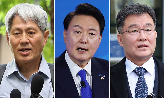 신학림 전 언론노조 위원장(왼쪽부터), 윤석열 대통령, 화천대유자산관리 대주주 김만배씨. 연합뉴스