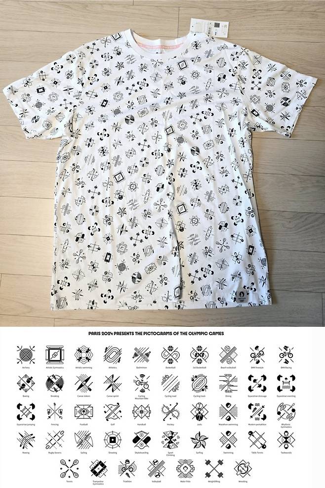구입한 픽토그램 디자인 티셔츠와 파리 올림픽 픽토그램의 모습. 항상 사람이 등장하던 픽토그램을 탈피했다.