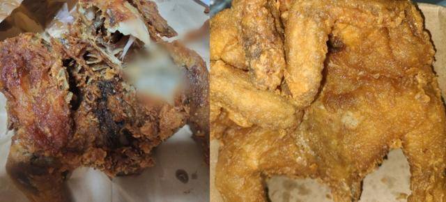 구더기가 나왔다는 통닭(왼쪽 사진)과 6개월 전 해당 분식집에서 통닭을 구매한 손님이 배달애플리케이션에 올린 후기 사진. 보배드림, 배달의민족 캡처