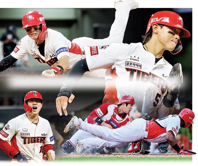 KBO리그 상위권 순위 싸움에 ‘도루’가 변수로 떠오른 가운데 부상으로 선발진이 흔들리는 KIA도 ‘도루 전쟁’에 참가했다. KIA 발야구를 이끌고 있는 박찬호, 김도영, 소크라테스, 최원준.(왼쪽 위부터 시계방향) 연합뉴스·KIA 타이거즈 제공