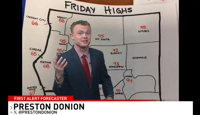 IT 대란으로 날씨 예보 그래픽을 만들 수 없게 되자, 수기로 작성한 표로 예보를 하는 KRCR7 소속 기상캐스터. 사진=엑스(@PrestonDonion) 캡처