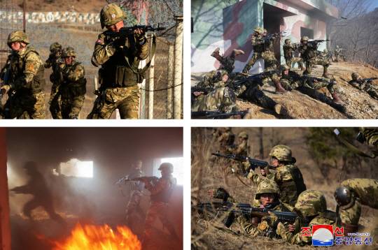 김정은 북한 국무위원장이 군 훈련장을 찾아 실전적 훈련과 전쟁 준비 강화를 당부했다. 김정은 위원장은 지난 3월 6일 북한군 서부지구 중요 작전훈련 기지를 방문해 시설을 돌아보고 훈련을 지도했다고 조선중앙통신이 다음날 보도했다. 연합뉴스(조선중앙통신TV 캡처)