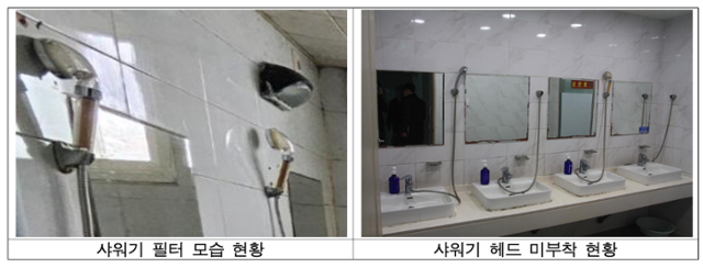 도서 지역 주둔 부대 내 샤워실 모습. 샤워기 필터가 변색돼 있고 헤드가 부착되지 않은 곳도 있다. 인권위 제공
