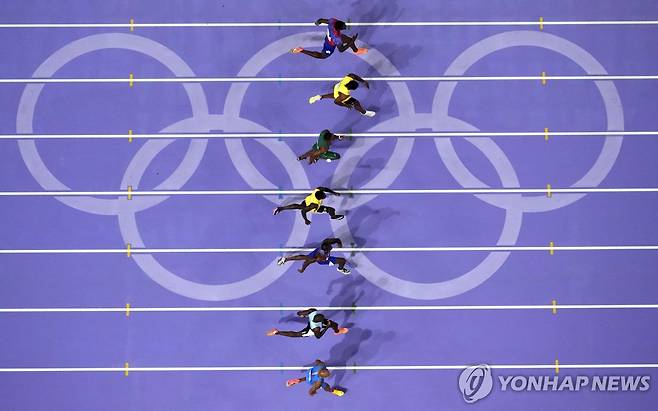 파리 올림픽 육상 남자 100m 결선 (파리 AP=연합뉴스) 5일(한국시간) 프랑스 파리 스타드 드 프랑스에서 열린 2024 파리 올림픽 육상 남자 100m 결선.
