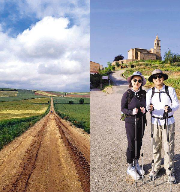 스페인 산티아고 순례길 메세타 지역 풍경으로 해발 고도 1000m가 넘는 평야 지대이다(왼쪽). 유진소 부산 호산나교회 목사가 최근 아내 유미은 사모와 순례 8일째 되는 날 나바라테라는 마을에서 잠시 휴식하며 기념촬영을 하고 있다. 유 목사 제공