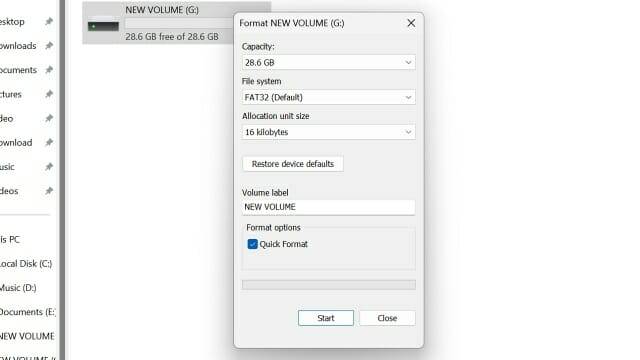 윈도11에 내장된 포맷 대화창.