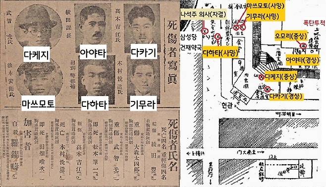 매일신보에 공개된 사상자 명단(왼쪽)과, 동아일보가 그린 나석주 의사의 동선. 나석주 의거로 3명이 사망하고 4명이 중경상을 입었다. 폭탄이 터졌다면 수십명이 죽거나 다쳤을 것이다.