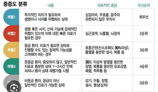 KTAS 5단계 분류표