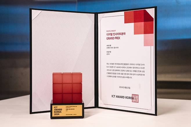 상쾌환 브랜드 웹사이트가 수상한 ICT 어워드 코리아 2024 GRAND PRIX 상패. 삼양홀딩스