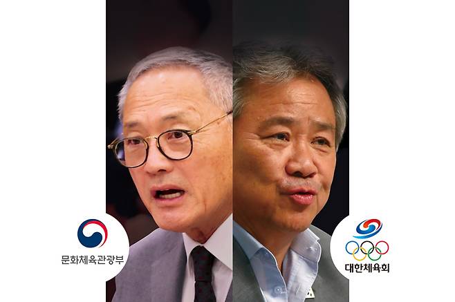 유인촌 문화체육관광부 장관(왼쪽), 이기흥 대한체육회 ⓒ시사저널 박은숙·연합뉴스