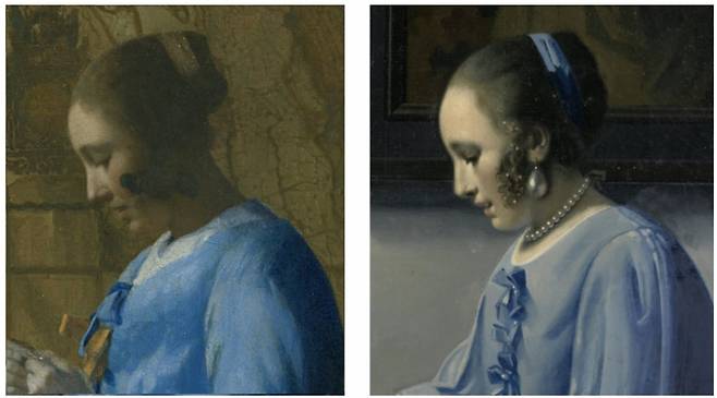 베르메르의 원작 '편지를 읽는 푸른 옷의 여인'의 일부분(왼쪽)과 메이헤런의 위작 비교. 베르메르의 원작 속 여성의 표정이 복잡한 반면, 메이헤런의 위작 속 여성은 미소를 짓고 있다.