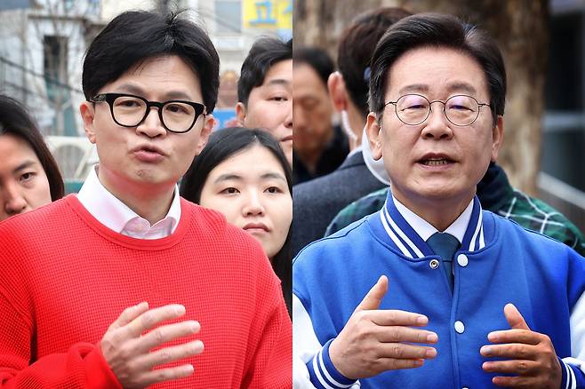 지난 4월 총선 당시 국민의힘 한동훈 대표와 더불어민주당 이재명 대표. /뉴스1