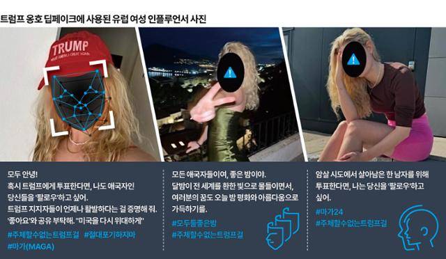 도널드 트럼프 전 미국 대통령을 지지하는 게시물이 올라 있는 가짜 엑스(X·옛 트위터) 계정. 이용자 '에바'는 덴마크 인플루언서 네리아 텔러럽 앤더슨의 사진을 도용해 딥페이크 기술로 만든 가상의 인물로, 피해자 보호를 위해 얼굴은 가렸다. 그래픽=이지원 기자