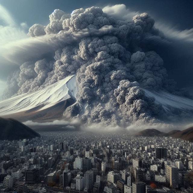 후지산 폭발로 화산재가 솟구치는 모습을 가정한 가상 이미지. AI 생성