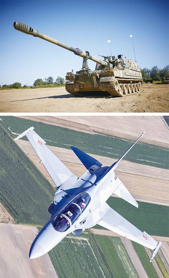 한화에어로스페이스가 양산하고 있는 K9 자주포. 폴란드 상공을 비행 중인 한국항공우주산업(KAI)의 경공격기 FA-50GF의 모습. (한화에어로스페이스, 한국항공우주산업 제공)