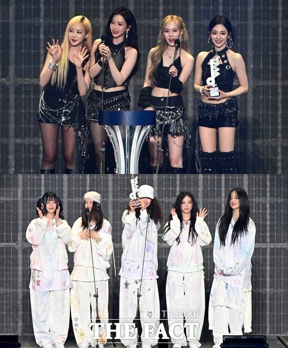 에스파(위쪽)가 8일 일본 오사카 교세라 돔 오사카에서 열린 '2024 더팩트 뮤직 어워즈'에서 대상을 수상했다. 뉴진스는 5관왕을 차지했다. /교세라 돔 오사카=이새롬·남윤호·박헌우 기자