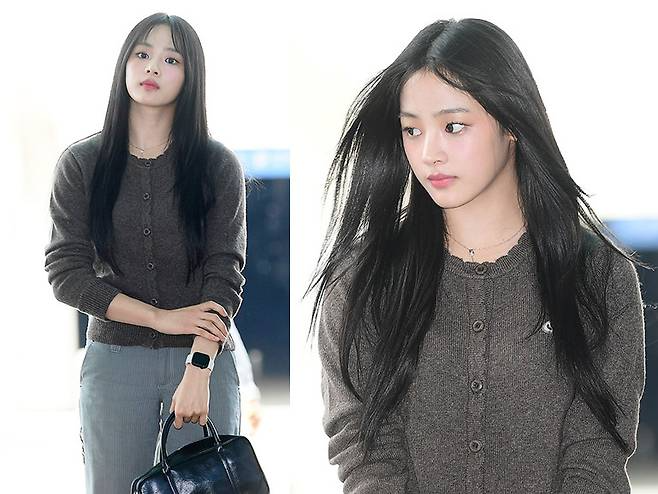 민지가 꾸밈없는 카디건-슬랙스 공항패션을 선보였다.사진=MK스포츠 DB