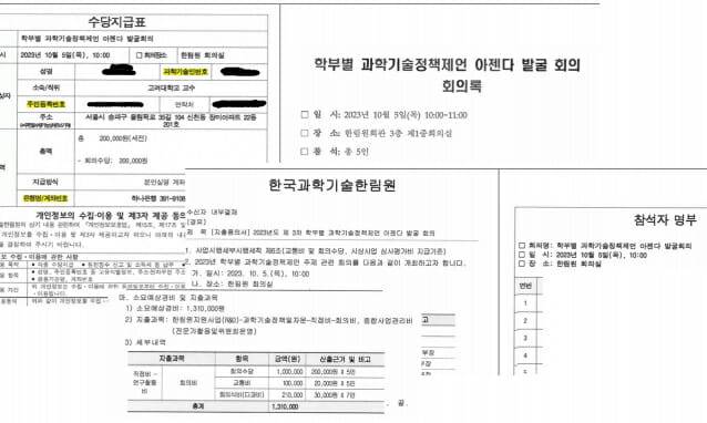 한림원이 개최되지도 않은 회의 참석자들에게 회의비를 지출하고 영수 처리한 서류.