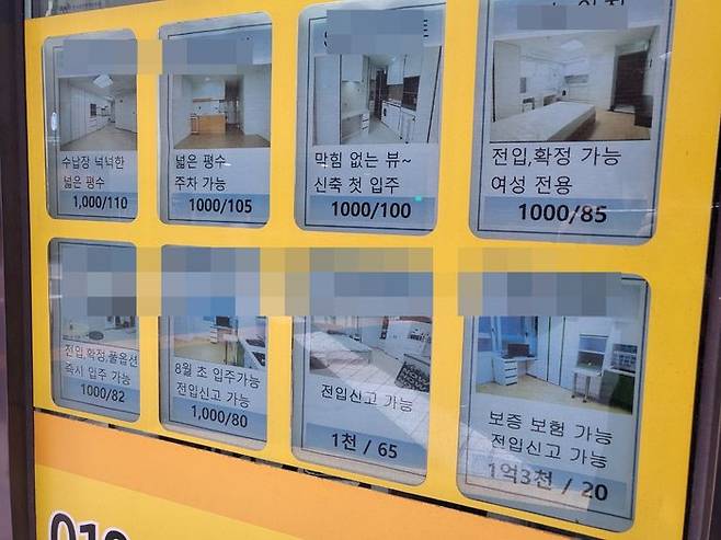 이화여대 정문 인근의 한 부동산에 걸려 있는 원룸 매물들. 월 65만원에서 110만원까지 다양한 가격대의 매물이 보인다.ⓒ데일리안 허찬영 기자