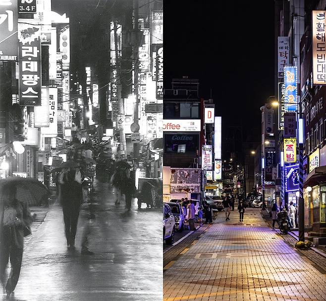 서울대생과 고시생 손님으로 북적였던 1995년 녹두거리(왼쪽)와 이제는 그들의 발길이 끊겨 썰렁한 2024년 녹두거리(오른쪽)의 모습. 사진 서울대 대학신문, 김현동 기자