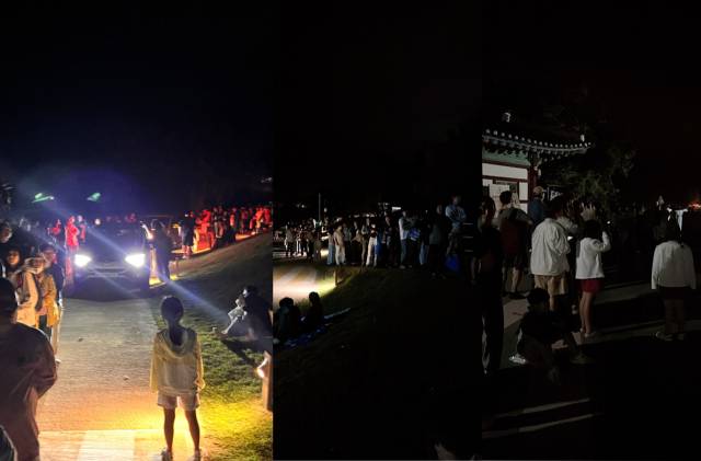 ▲공연이 끝나고 난 후 관람객들의 퇴장이 한꺼번에 이루어지면서 주차장을 방불케 했다. 야간 행사임에도 불구하고 행사에 따른 추락·낙상 등 사고 방지를 위해 안전선 설치, 조명 등의 시설은 찾아보기 힘들었다. ⓒ 안동시청 누리집 자유게시판