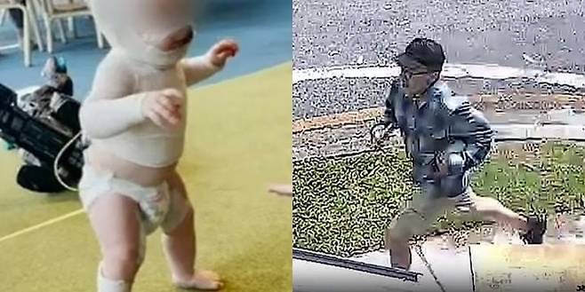 지난 8월 호주 퀸즐랜드주 브리즈번의 한 공원에서 유모차에 타고 있던 9개월 아기 루카(왼쪽)에게 뜨거운 커피를 부은 남성이 도망가고 있다. /뉴스닷컴