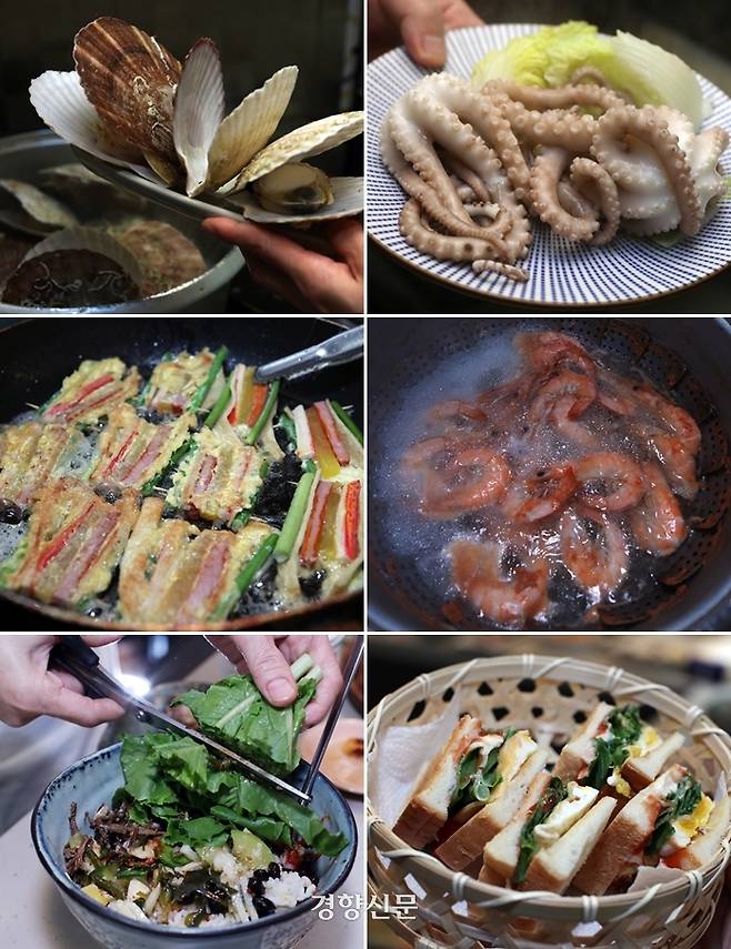 ‘즐거운 술상’의 요리들. 탱글탱글한 식감과 신선한 바다향이 그대로 느껴지는 왕가리비찜을 비롯해 지글지글 고소하게 구워낸 꼬치산적, 가을 제철 대하찜, 밑반찬과 쌈채소를 잘라 즉석에서 만드는 비빔밥 등 20여가지 요리가 쏟아져 나온다. 마지막으로 버터 향 가득한 입가심 토스트까지, 아무리 배가 불러도 남김없이 먹게 된다.