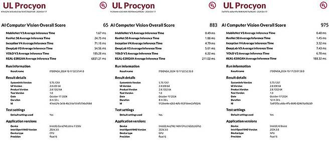 좌측부터 CPU, GPU, NPU의 AI 테스트 결과 / 출처=IT동아