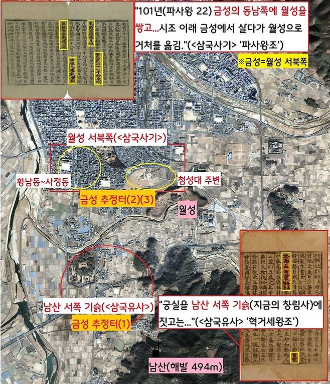 <삼국사기>와 <삼국유사> 는 신라 천년 고도의 첫번째 왕성인 금성 기사가 쏟아진다. 그러나 위치는 불분명하다. <삼국사기>는 “금성은 101년 쌓은 월성의 서북쪽에 있다”고 기록했다. 반면 <삼국유사>는 “(금성의) 궁실을 남산 서쪽 기슭(창림사터)에 지었다”(‘혁거세조’)고 다르게 썼다. |국립경주문화유산연구소 제공 사진을 토대로 재가공