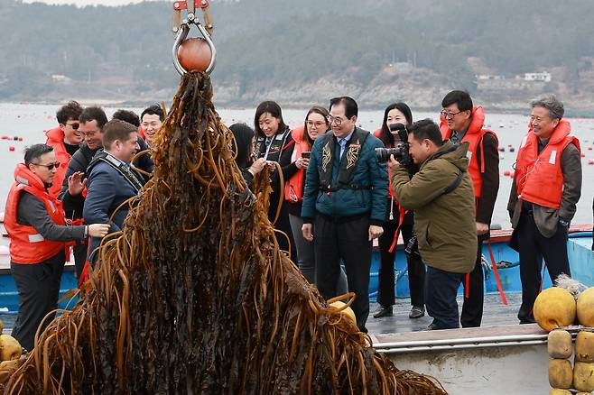미 에너지부 산하기관 에너지 고등 계획원(ARPA-E) 관계자 완도군 해조류 양식장 방문 장면/사진제공=완도군