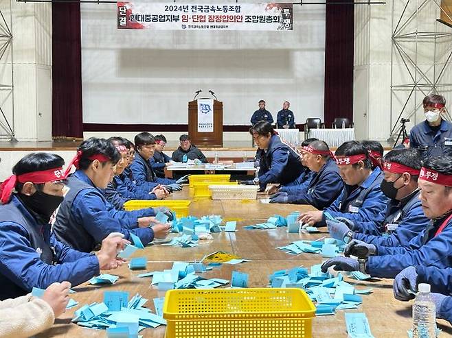 HD현대중공업 노조 조합원들이 8일 울산 본사 체육관에서 올해 임금 및 단체협상 잠정합의안 조합원 찬반투표 개표를 하고 있다.ⓒHD현대중공업 노동조합