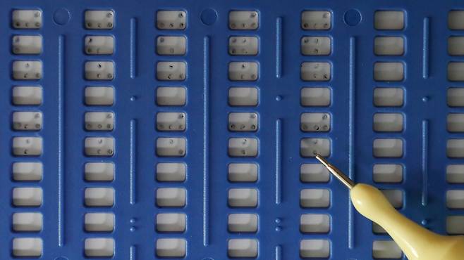 비장애인 수험생들이 컴퓨터용 사인펜을 이용해 OMR카드에 마킹하는 것처럼 시각장애를 가진 수험생들은 점필을 이용해 점자용지에 정답을 적는다. /박성원 기자